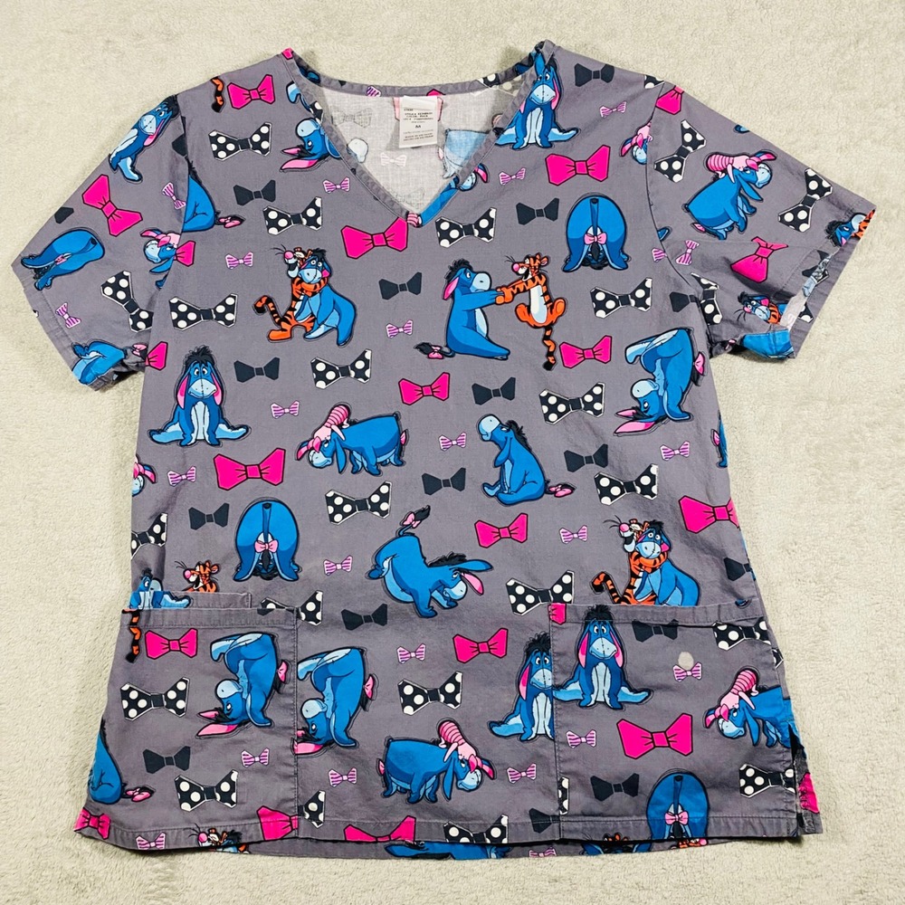Disney Scrub Top Women Medium Gray Eeyore Tigger Winnie Pooh EE34B630